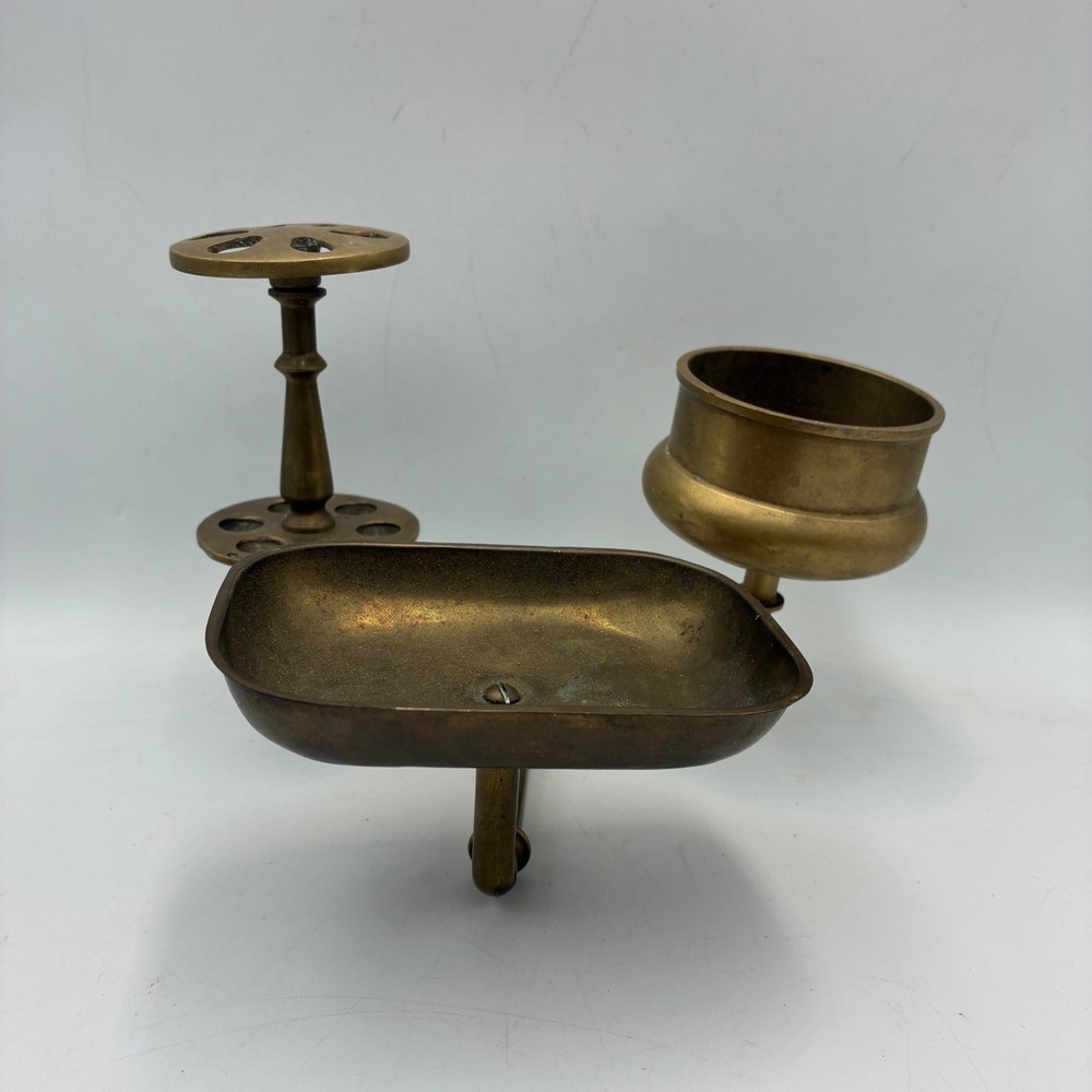 Vintage Solid Brass Wall Mount Bathroom Organizer Soap Dish Toothbrush Holder - Picture 1 of 8